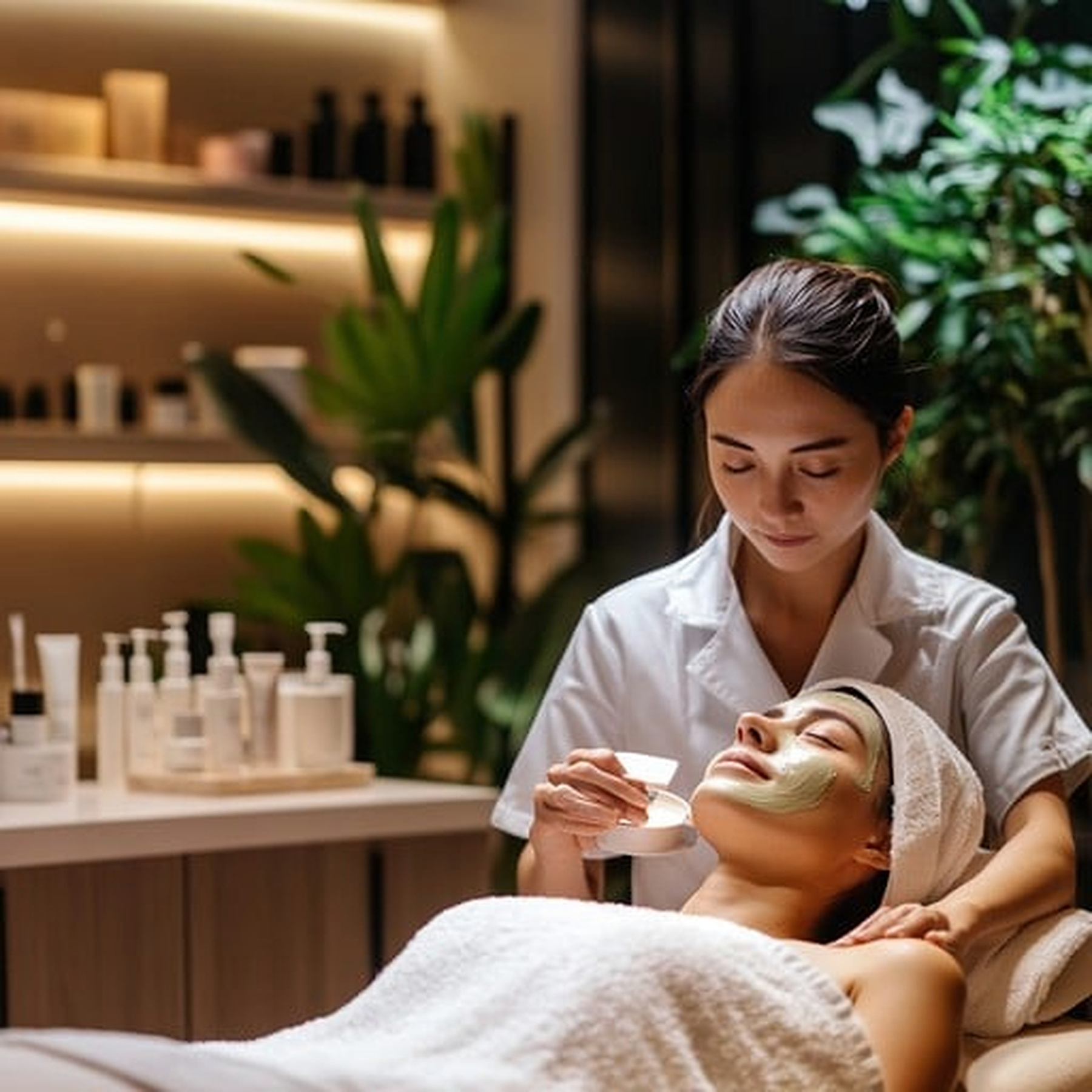 Klien menjalani sesi facial di ruang perawatan yang tenang dan profesional