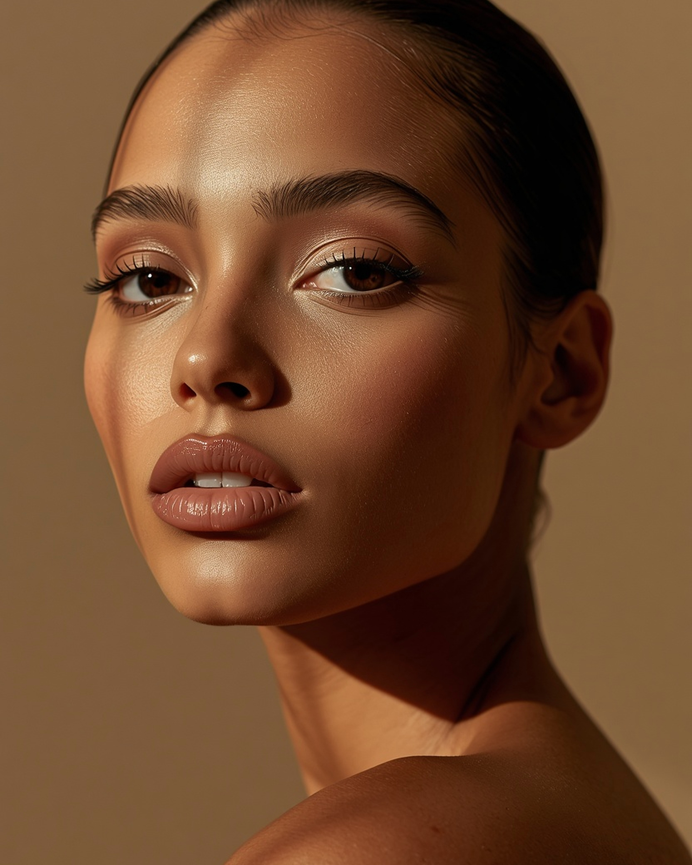 Potret editorial model dengan kulit bercahaya alami dalam cahaya studio hangat keemasan